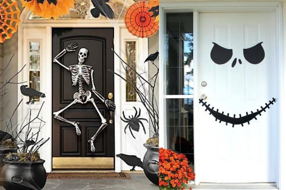 Decoración de calaveras para Halloween en la puerta