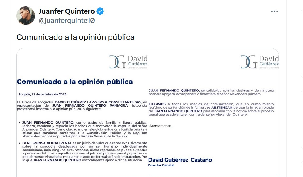 Capturan a tío del futbolista Juan Fernando Quintero por presuntos delitos sexuales