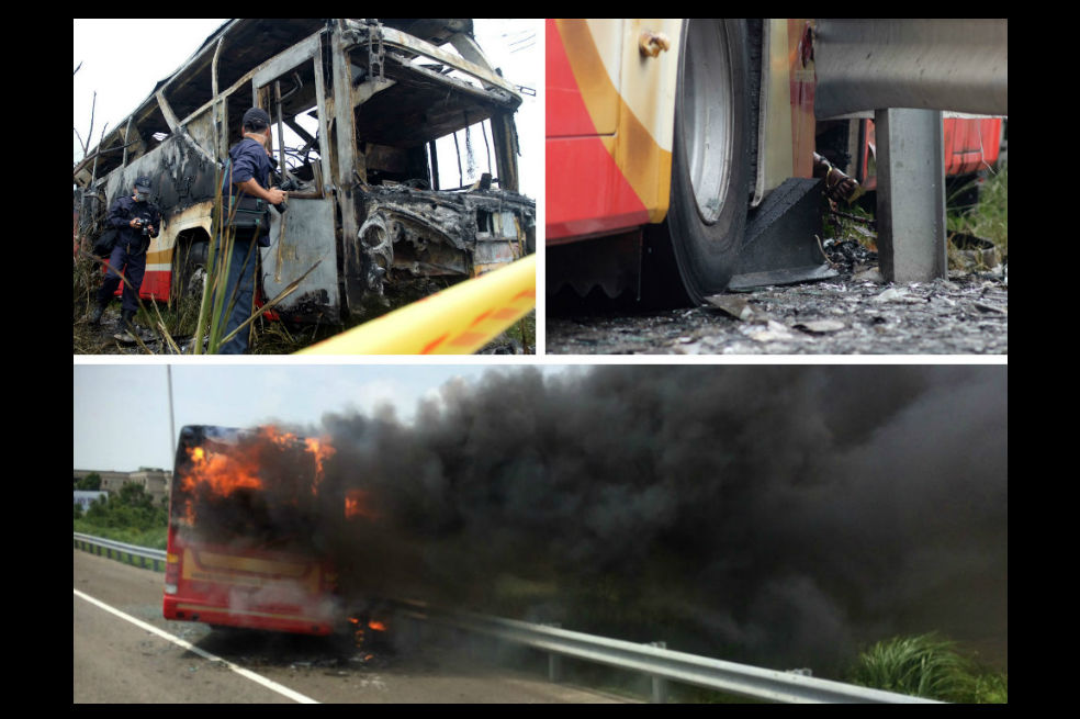 Completamente calcinado quedó bus que transportaba turistas en Taiwán
