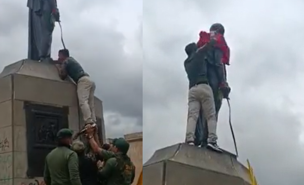 Integrantes de la marcha de veteranos rasgaron bandera de la guardia indígena