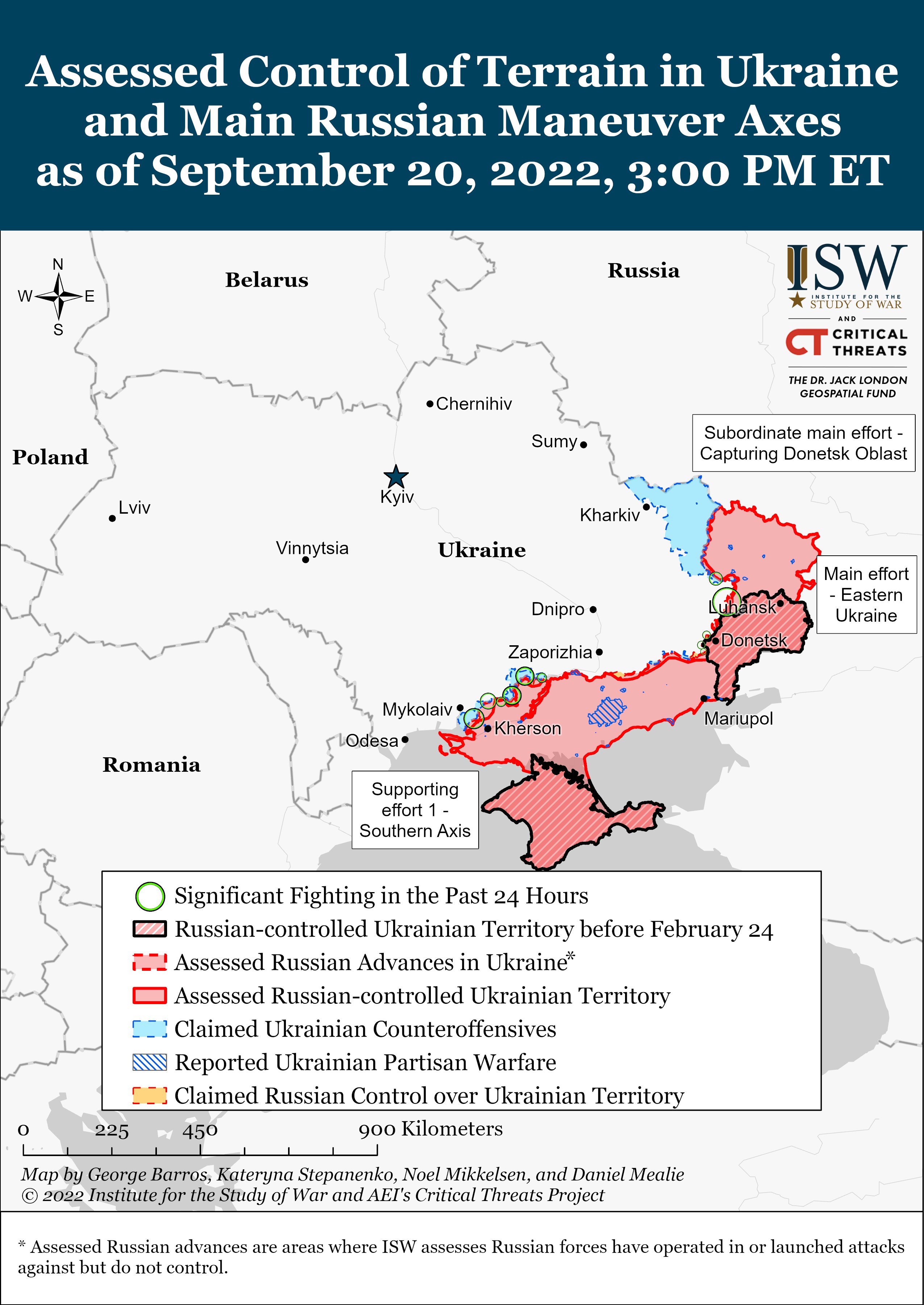 El control del terreno en Ucrania y los principales ejes de maniobra de Rusia hasta el 20 de septiembre.