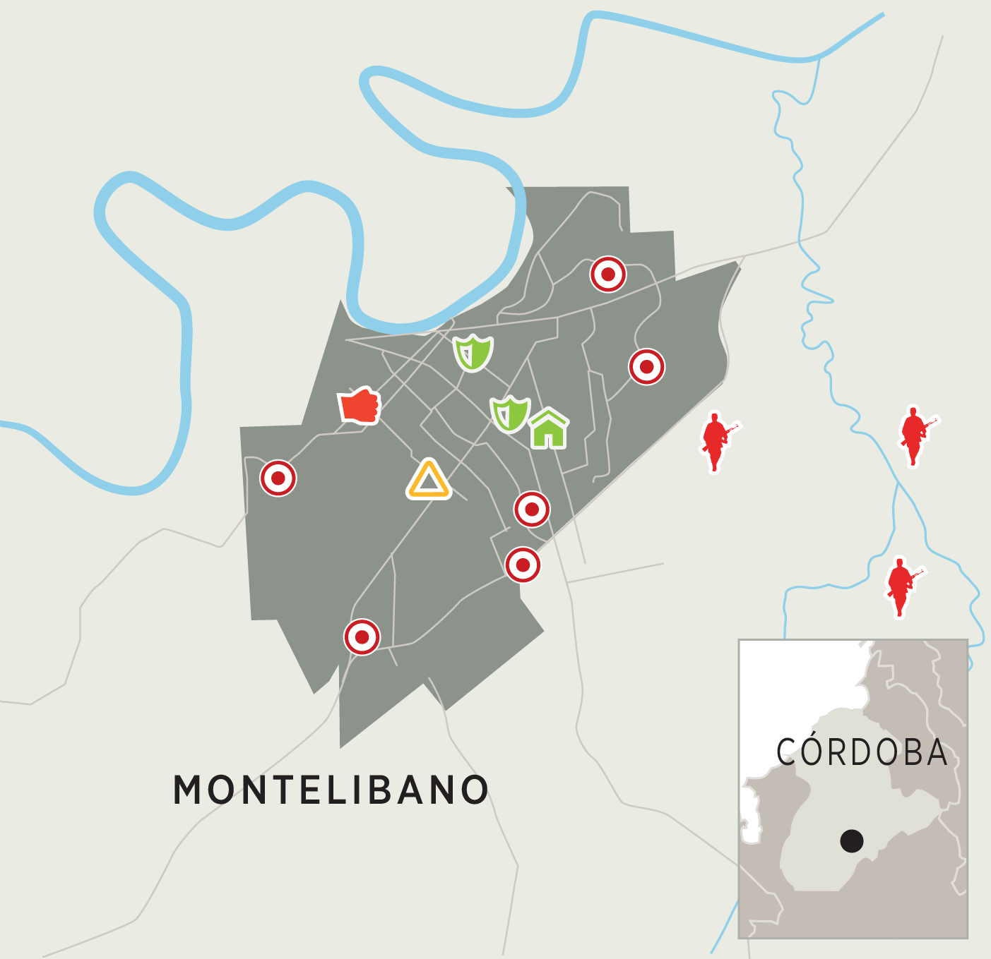 Sur de CórdobaDesde hace un año los municipios del sur de Córdoba han sufrido la expansión de la guerra en la región del Bajo Cauca (Antioquia). Desde entonces, municipios como Montelíbano, San José de Uré, Tierralta y Puerto Libertador han sido ocupados por distintos grupos paramilitares y una disidencia de las Farc que disputa el territorio. Incluso hay denuncias de grupos paramilitares uniformados con camuflados. La población civil está en riesgo, especialmente los líderes y lideresas sociales. En esta región históricamente se han movido armas, drogas y personas por los sinuosos caminos del Nudo de Paramillo, que comunica Antioquia con Córdoba. Además, allí cruzan los ríos Sinú, que desemboca en el mar Caribe, y San Jorge, que se une al río Magdalena.