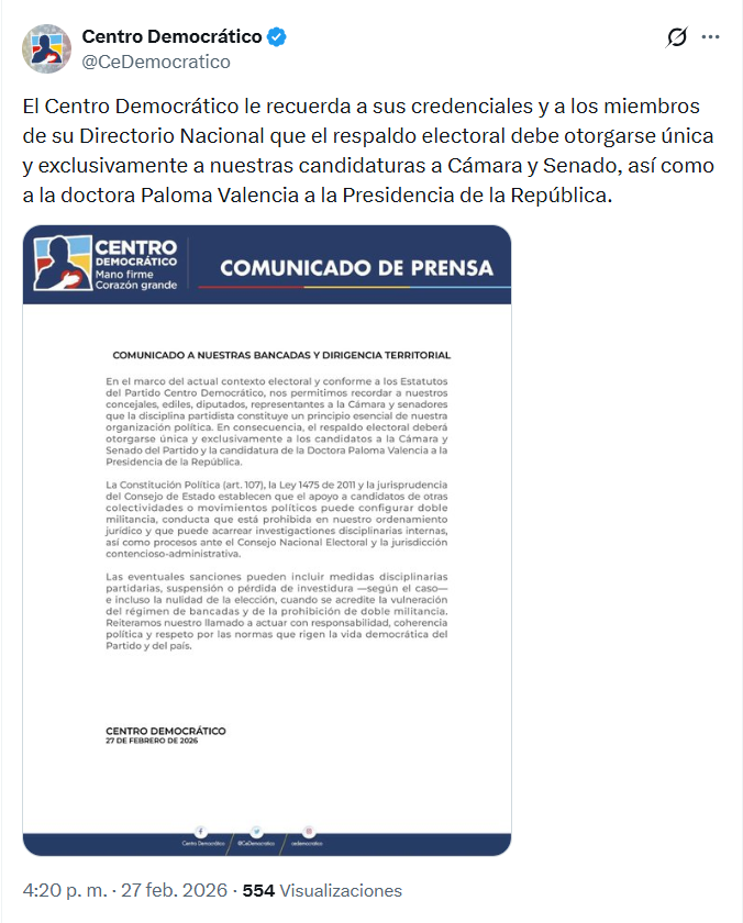 Esta fue la primera versión del comunicado compartido por el partido Centro Democrático.