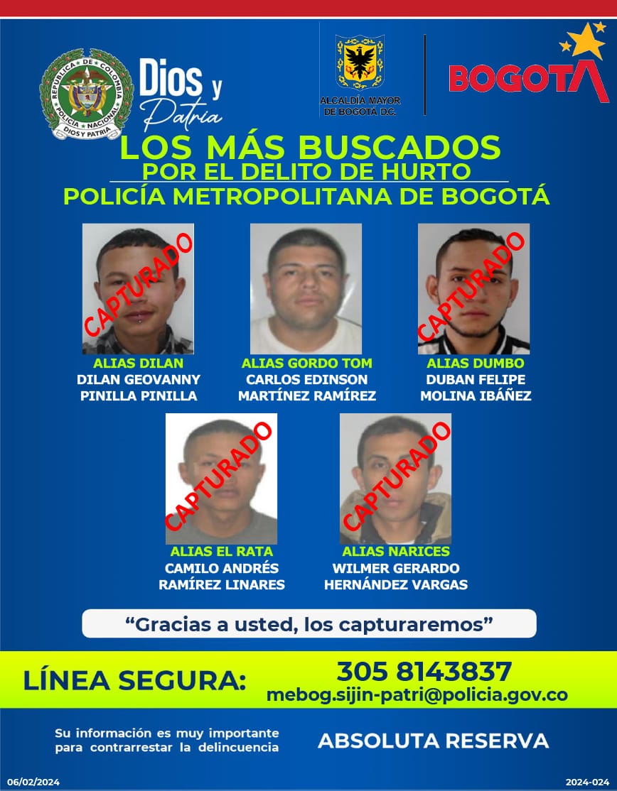 Solo resta por ser capturado uno de los cinco individuos más buscados por el delito de hurto.
