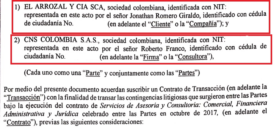 La última vinculación formal entre El Arrozal y Cía. y CNS Colombia fue en 2017, con un contrato por una consultoría de más de $ 5.200 millones.