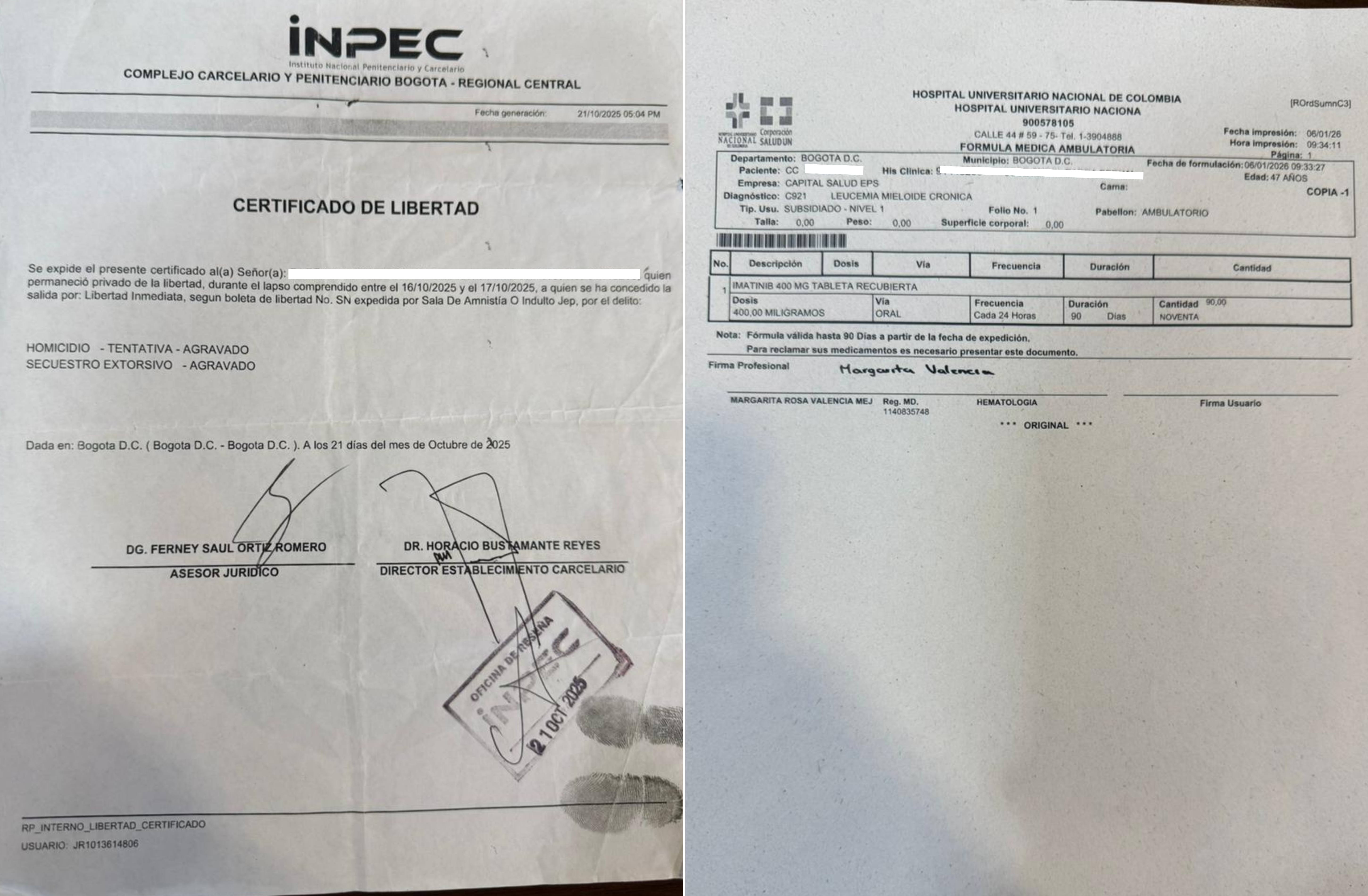 El certificado del INPEC de su salida y el medicamento para el tratamiento de cáncer-