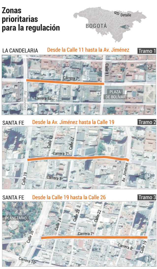 Imagen de las zonas que regulará la Secretaría de Cultura de Bogotá.Gráfico El EspectadorDe ahora en adelante, los artistas que quieran ubicarse en estos lugares tendrán que sacar un permiso que los autorice a ocupar el espacio.