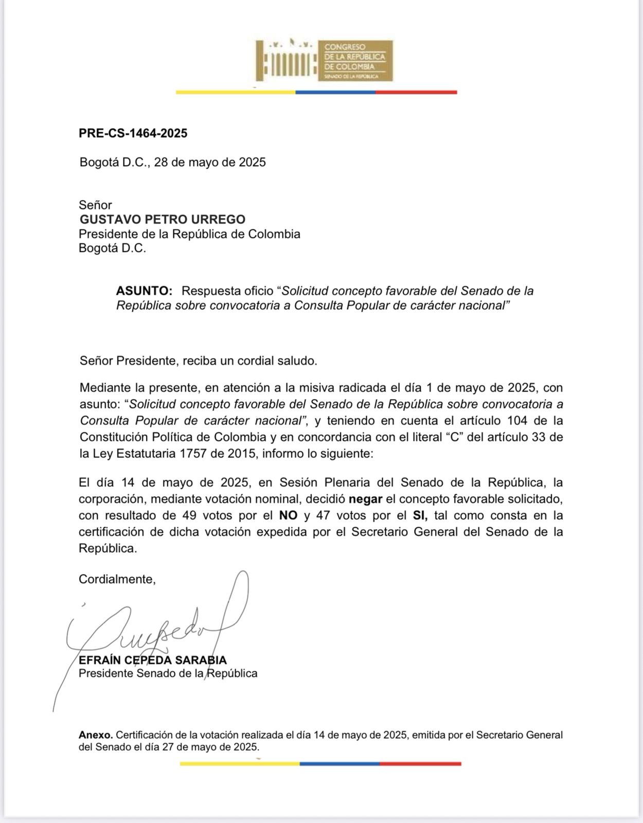Respuesta oficial de Efraín Cepeda a Gustavo Petro sobre la consulta popular.