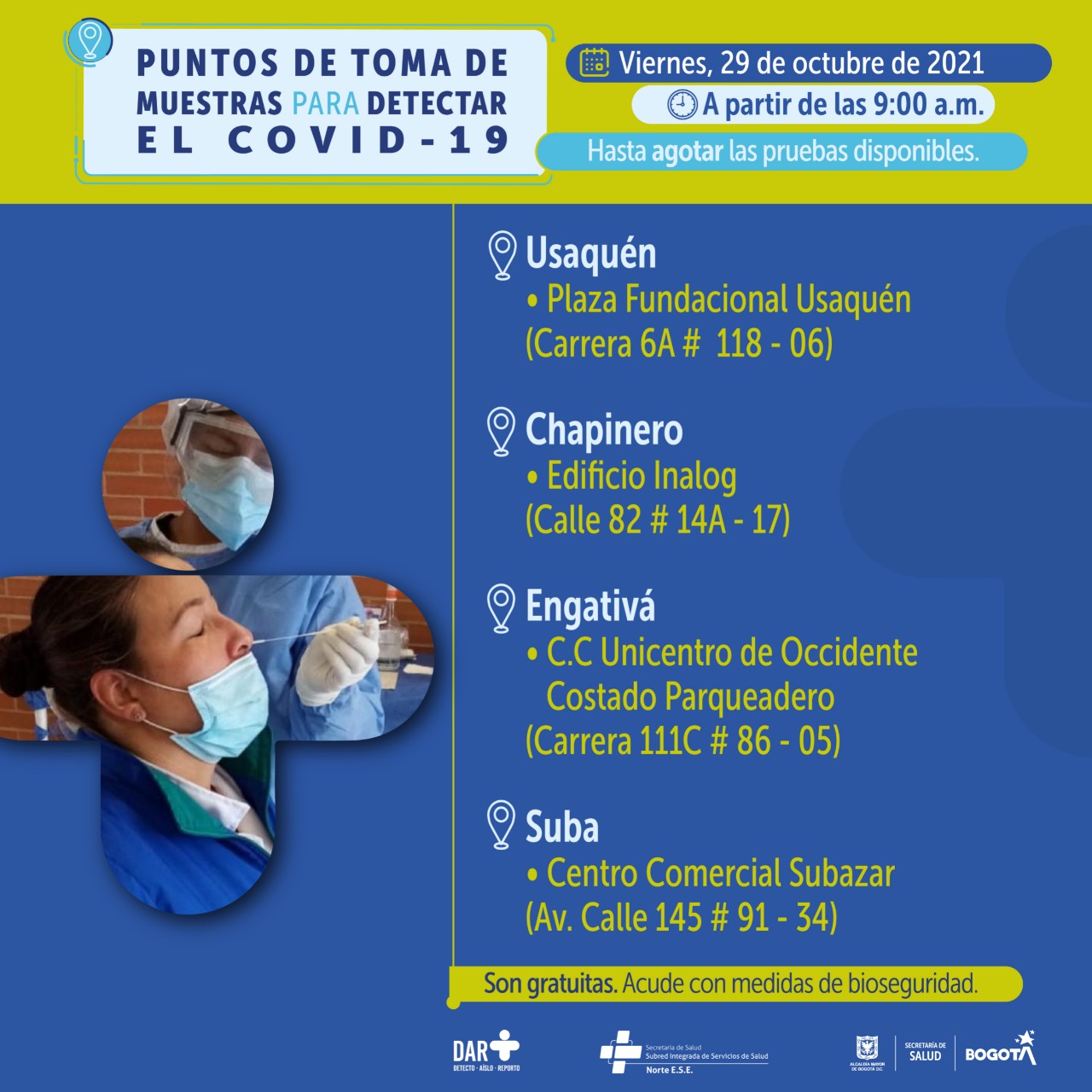 ¿Dónde hay pruebas gratuitas contra Covid-19 este viernes en Bogotá?