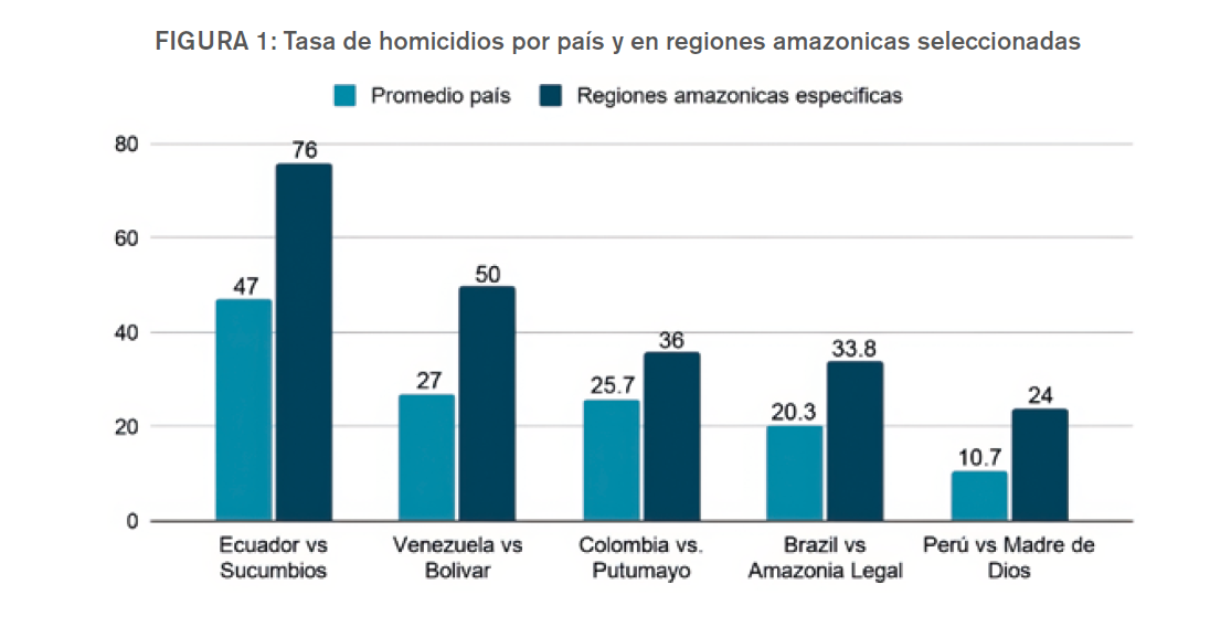 Tasa de homicidios por país y en regiones amazonicas seleccionadas.