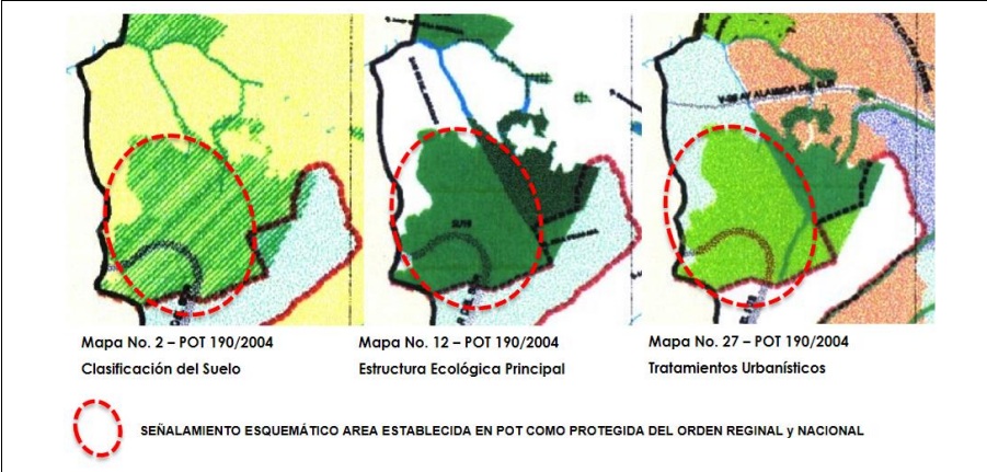 Zonas del predio protegidas en el POT 2004 y que continuaron bajo este estatuto en el POT de 2021.