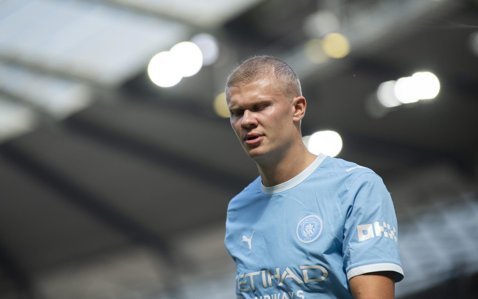 MANCHESTER (United Kingdom), 23/08/2026.- Erling Haaland of Manchester City nreacts during the English Premier League match Manchester City against AFC Bournemouth, in Manchester, Britain, 23 August 2026. (Reino Unido) EFE/EPA/PETER POWELL EDITORIAL USE ONLY. No use with unauthorized audio, video, data, fixture lists, club/league logos, 'live' services or NFTs. Online in-match use limited to 120 images, no video emulation. No use in betting, games or single club/league/player publications.