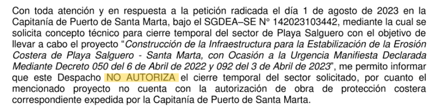 Otra comunicación de la Dimar a la Alcaldía de Santa Marta donde informa que no autoriza el cierre de Playa Salguero para adelantar las obras.