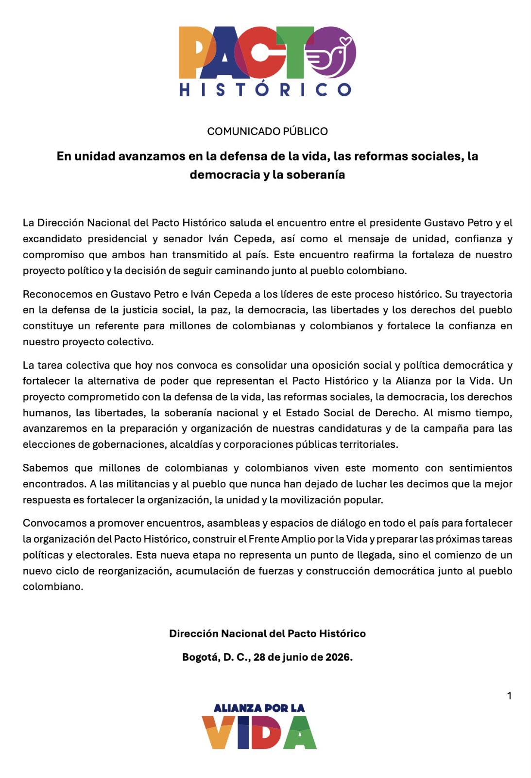 Comunicado del Pacto Histórico sobre Gustavo Petro e Iván Cepeda