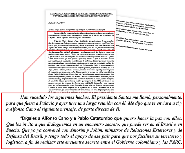 Carta de Henry Acosta a Pablo Catatumbo en la que le cuenta que el presidente Santos propone encuentro inicial.