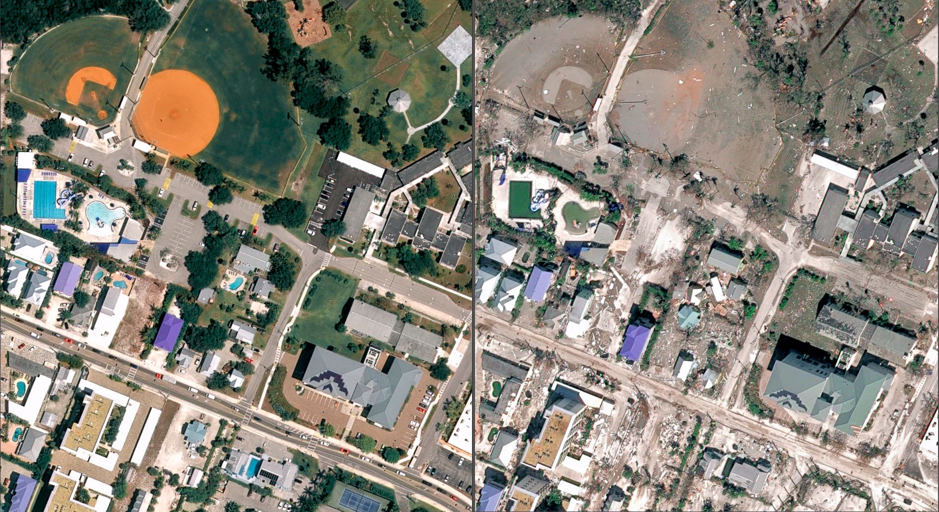 Fort Myers Beach, Florida, antes y después del paso del huracán Ian.