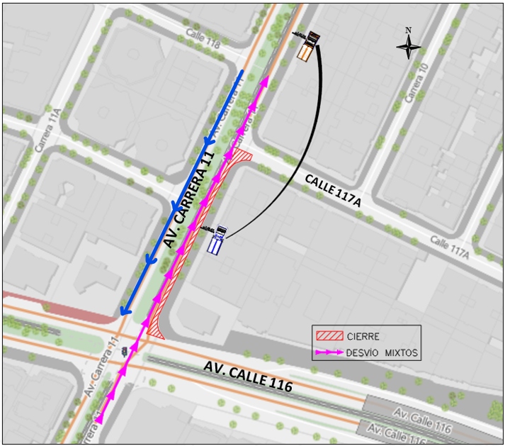 Desvíos para vehículos particulares y transporte público en la  Av. carrera 11 entre av. calle 116 y 117a.