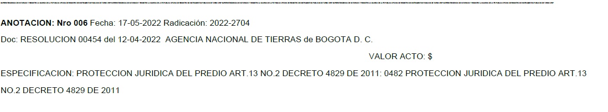 Anotación en el certificado de tradición y libertad que protege jurídicamente el predio por el proceso de restitución de tierras.
