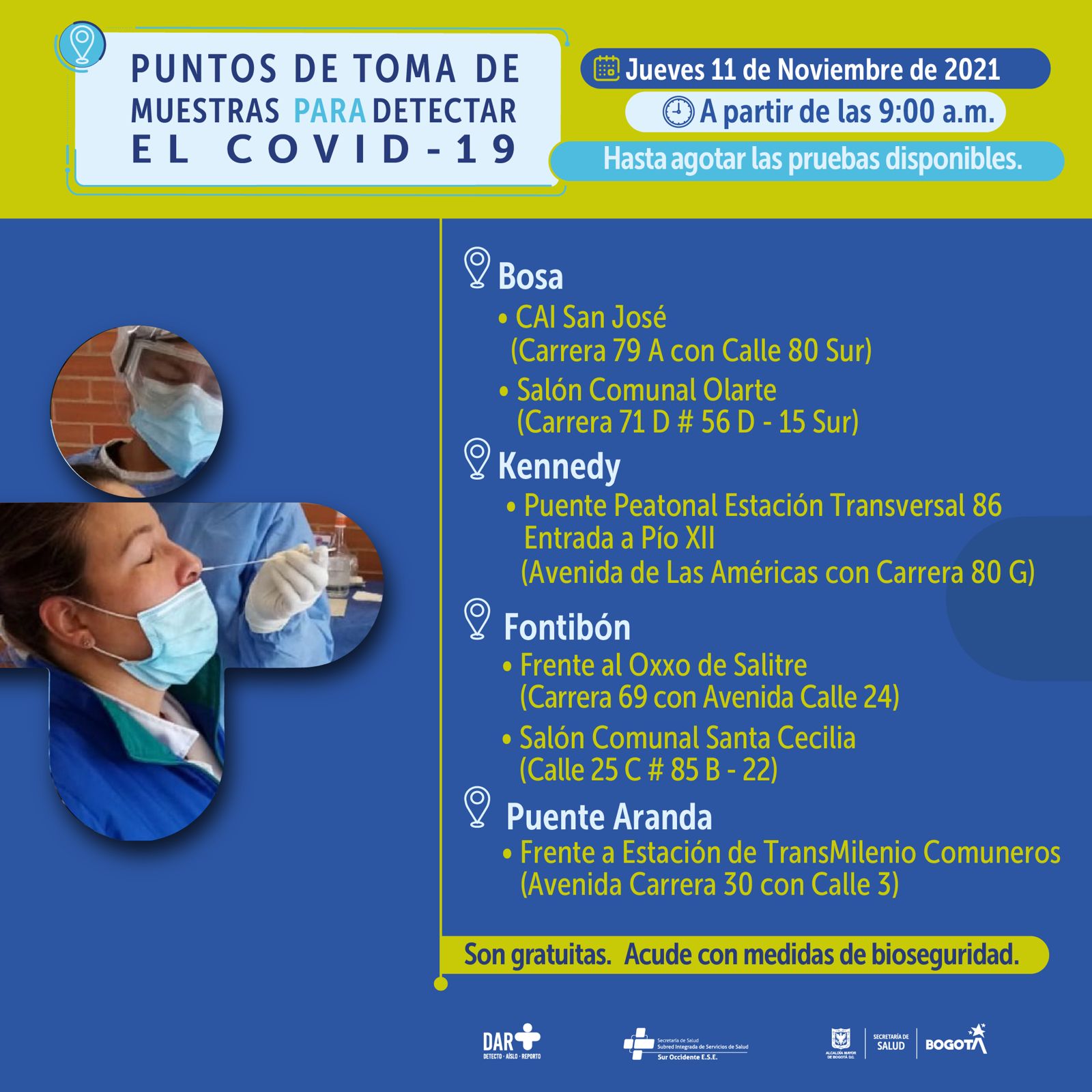 ¿Dónde hay pruebas gratuitas para Covid-19 este jueves en Bogotá?