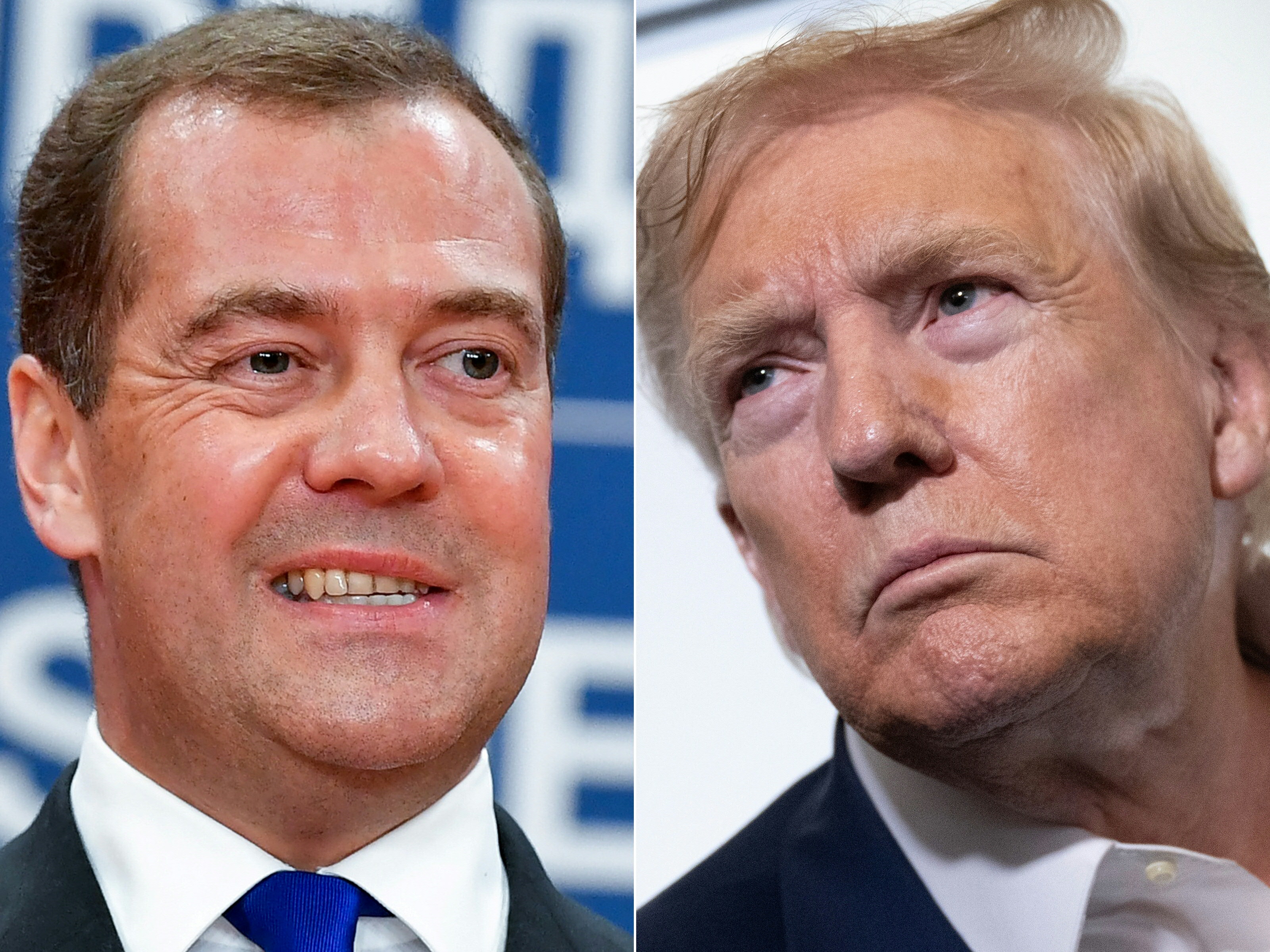 (COMBO) This combination of pictures created on August 01, 2025 shows, L/R, then Russian Prime Minister Dmitry Medvedev in Belgrade, on October 19, 2019 and US President Donald Trump aboard Air Force One on July 29, 2025, as he returns to Washington following a trip to Scotland.