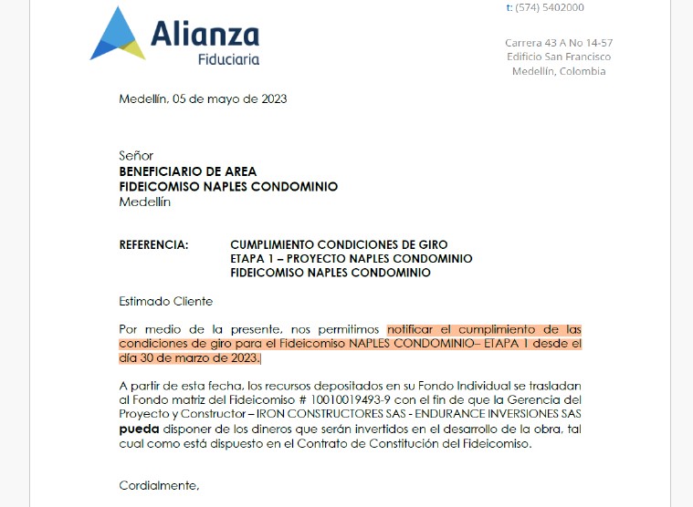 Documento donde Alianza Fiduciaria señala que entregó dineros a Corval para que iniciara la primera etapa del condominio Naples./ Archivo particular.