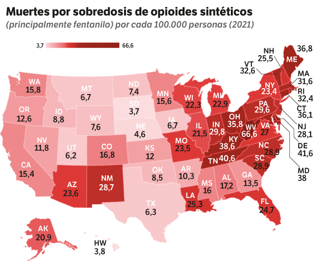 Muertes por sobredosis de opioides sintéticos (principalmente fentanilo) por cada 100.000 personas (2021)