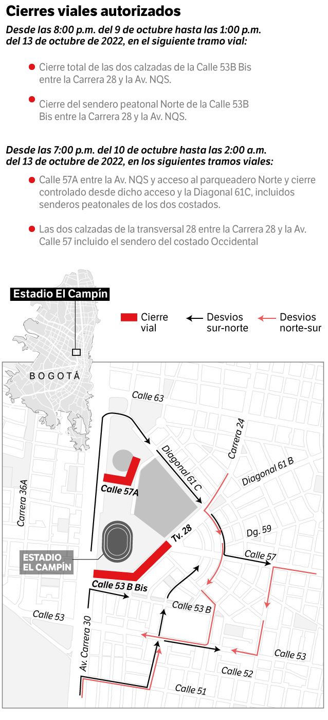 Mapa cierres viales autorizados para el concierto de Guns N Roses en Bogotá 11 de octubre de 2022
