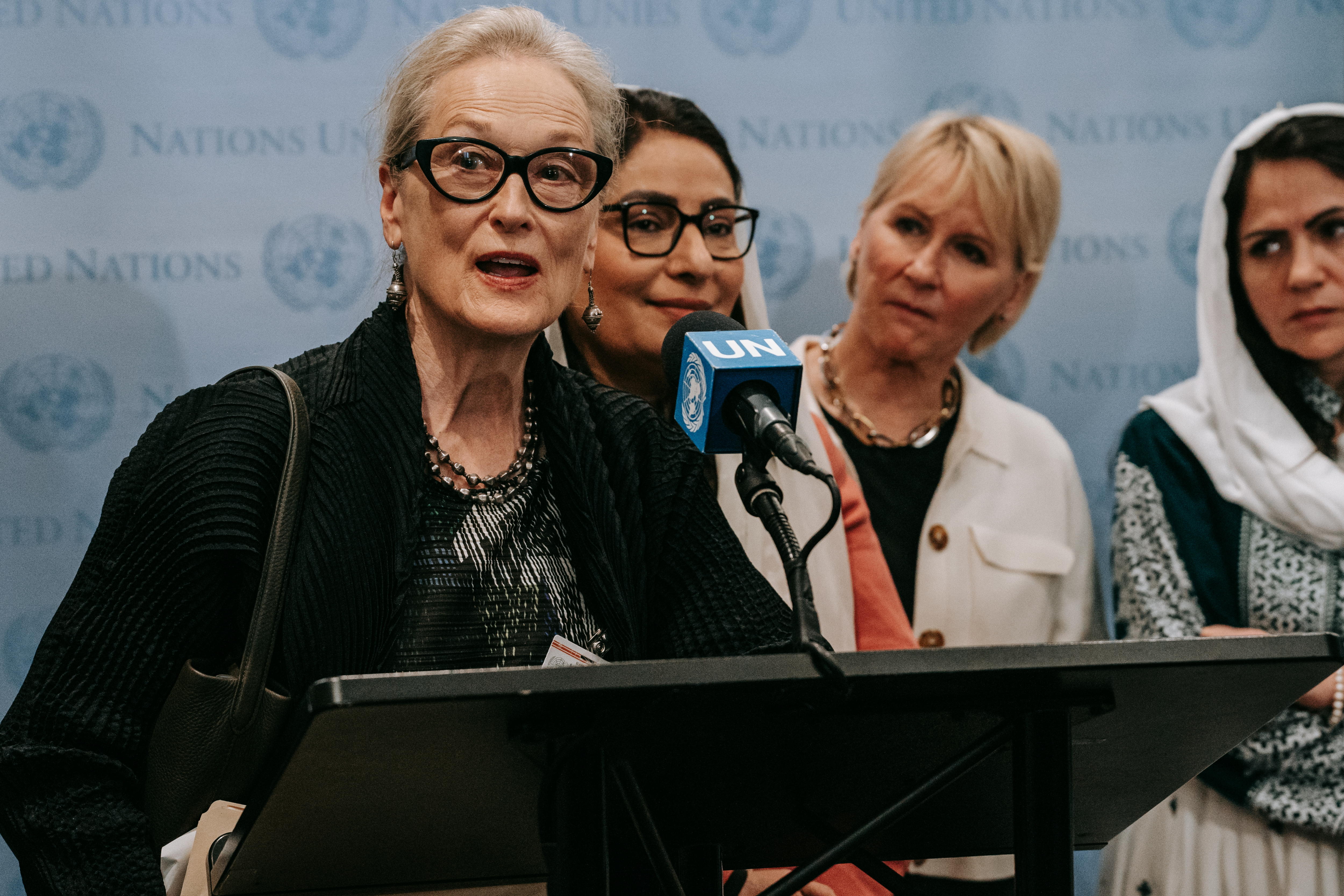 New York (United States), 23/09/2024.- US actress Meryl Streep speaks alongside Former Deputy Speaker of Afghanistan's Parliament Fawzia Koofi, Former Director General of Human Rights and Women's International Affairs Asia Wardak, Sweden's former Minister for Foreign Affairs Margot Wallstrom, and Afghanistan's former Minister for Women's Affairs Habiba Sarabi, at United Nations Headquarters in New York, New York, USA, 23 September 2024. The Side event 'The Inclusion of Women in the Future of Afghanistan' took place during 'Summit of the Future' being held in advance of this week's General Debate of the 79th session of the United Nations General Assembly. (Afganistán, Suecia, Nueva York) EFE/EPA/OLGA FEDOROVA