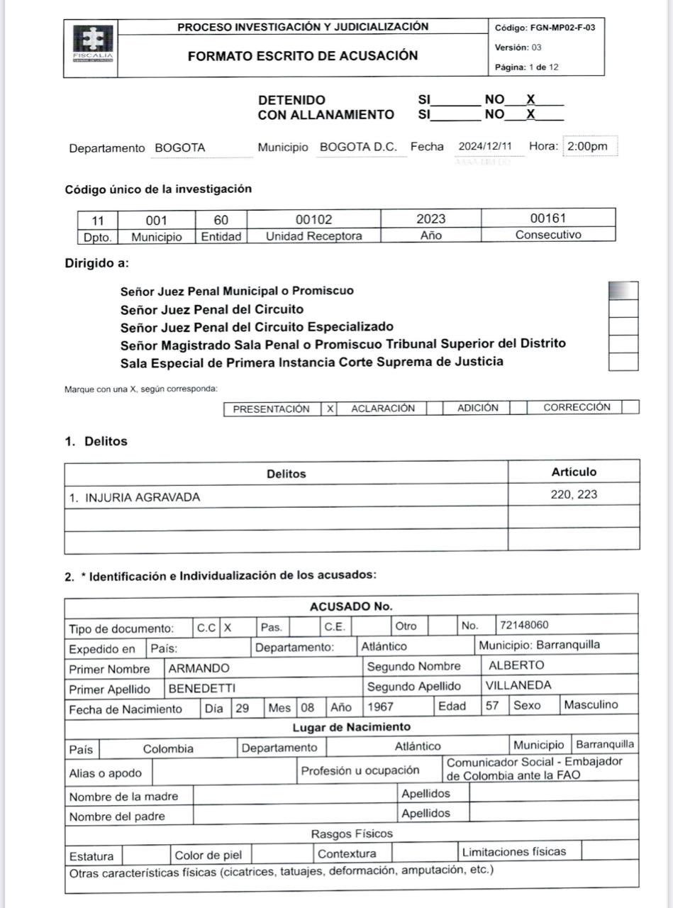 Acusación contra Armando Benedetti por injuria.