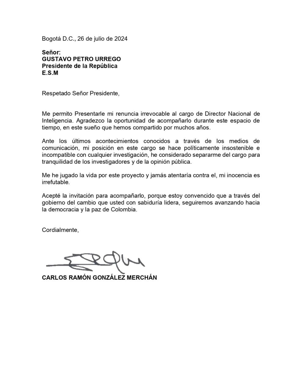 Esta es la carta de renuncia de Carlos Ramón González.
