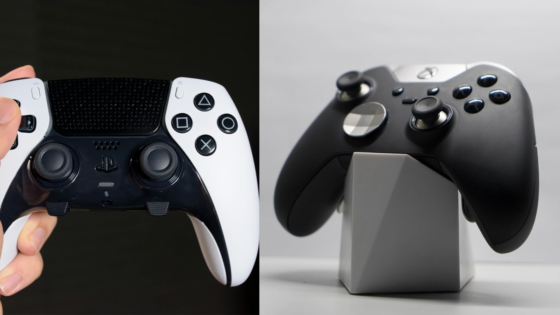 Dualsense, el mando de la PlayStation 5 (izq) y uno de los modelos para la Xbox Series X y S (der).