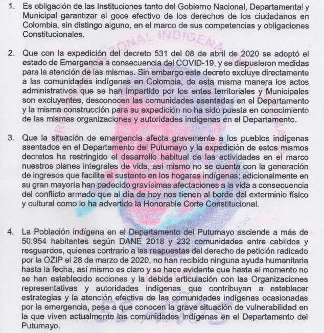La OZIP no es la única organización indígena que ha reaccionado sobre sus condiciones precarias para mantenerse durante la cuarentena. Los Awá en Nariño, miembros de la ONIC, al norte del Cauca, y pueblos indígenas en zonas del Amazonas, han manifestado las mismas quejas en materia de orden público y de alcance estatal en ayudas humanitarias.