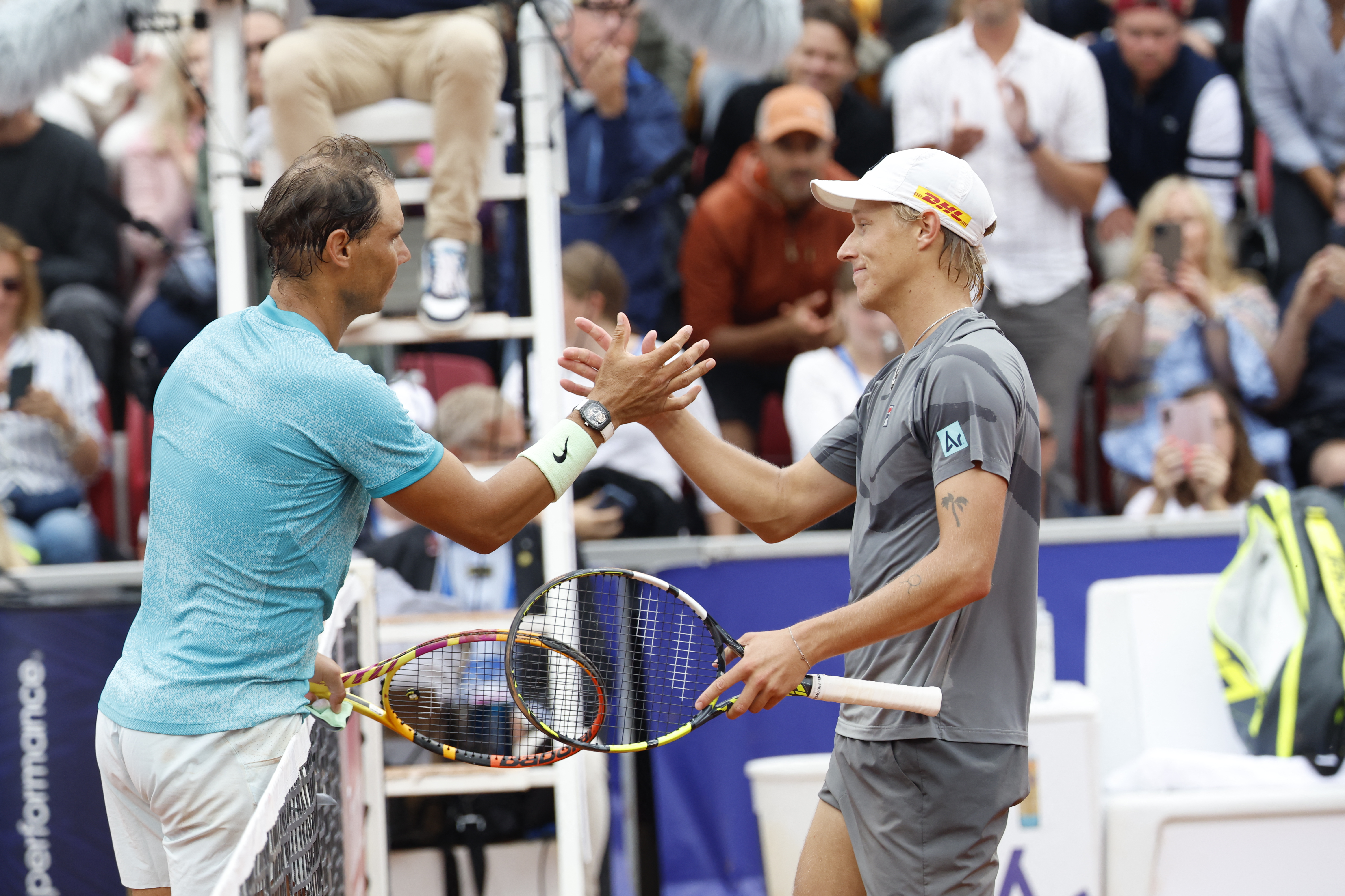 Spain's Rafael Nadal shakes hands with Sweden's Leo Borg after winning their men's singles match of the ATP Nordea Open tennis tournament in Bastad, Sweden, on July 16, 2024.