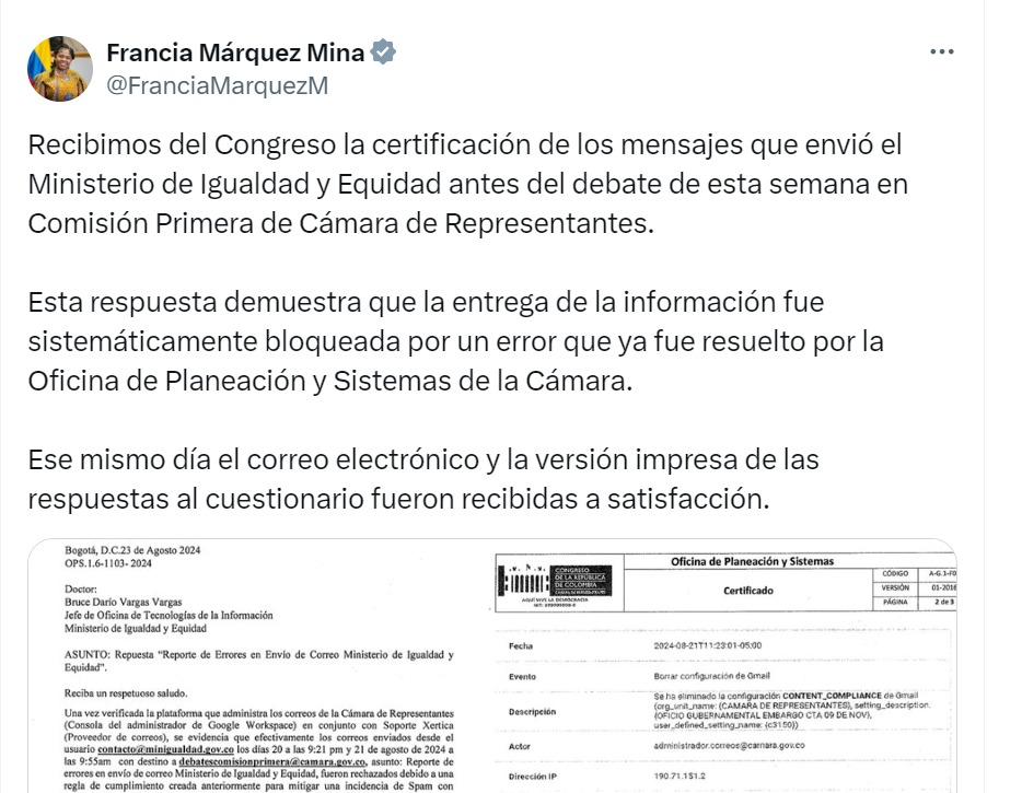 La vicepresidenta y ministra Francia Márquez compartió los documentos.