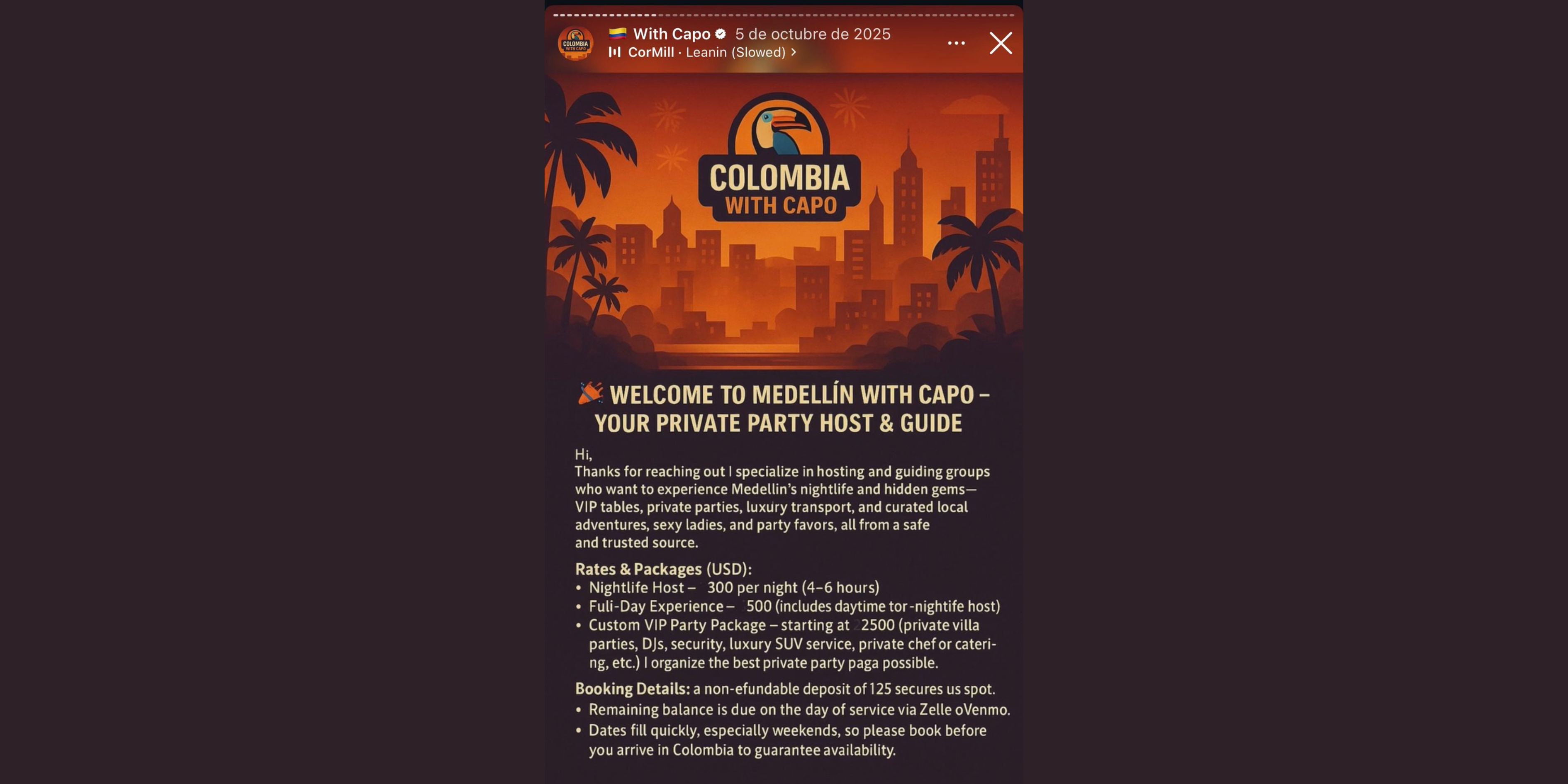 Contenido publicado en redes sociales de 'Chill Capo' sobre vida nocturna y turismo en la ciudad.