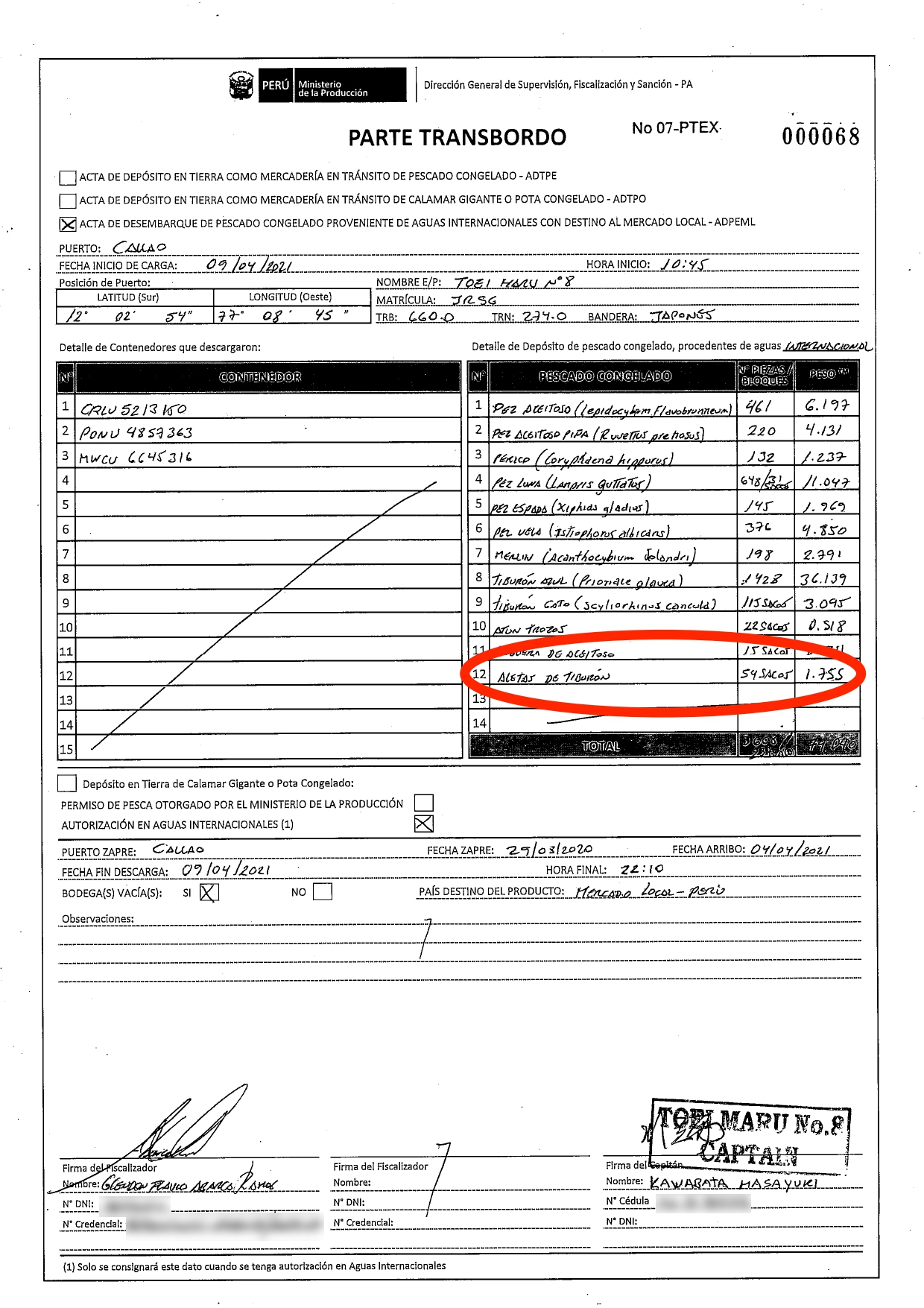 Acta de desembarque del buque Toei Maru N°8 con 54 sacos de aletas de tiburón. Imagen: origen Produce / Obtenida mediante solicitud de acceso a la información pública