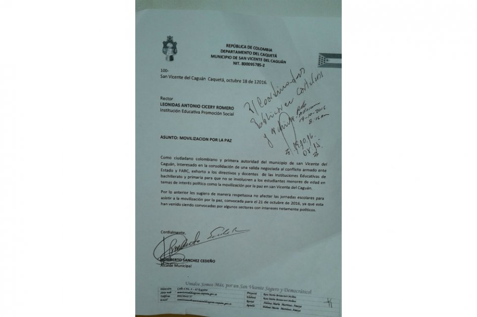 La carta enviada por el alcalde de San Vicente del Caguán, Humberto Sánchez Cedeño.