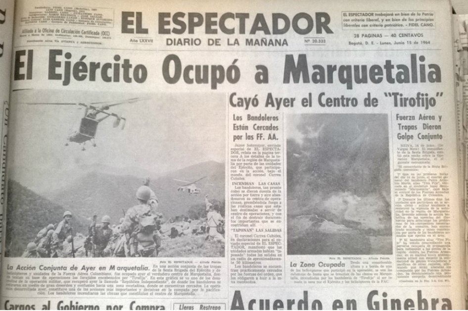 La primera página de "El Espectador" informando de la Operación Marquetalia, en los años 60.