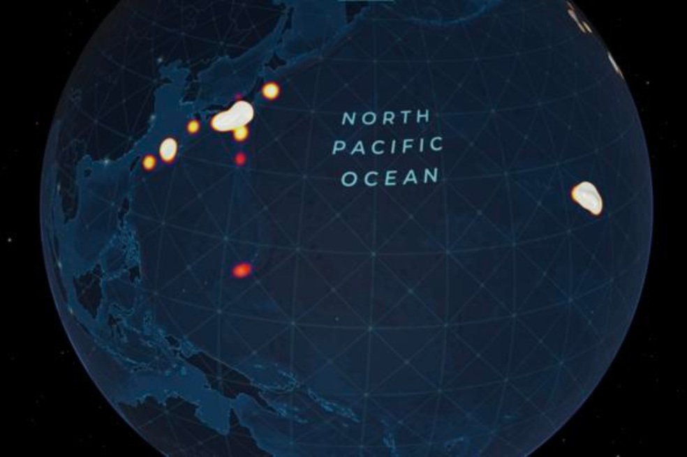 Este mapa de calor muestra la concentración de inmersiones en aguas profundas conocidas con observaciones visuales en el Océano Pacífico.