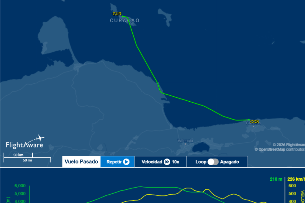 Captura del rastreo en FlightAware que muestra el movimiento del avión gubernamental estadounidense rumbo a Caracas, Venezuela