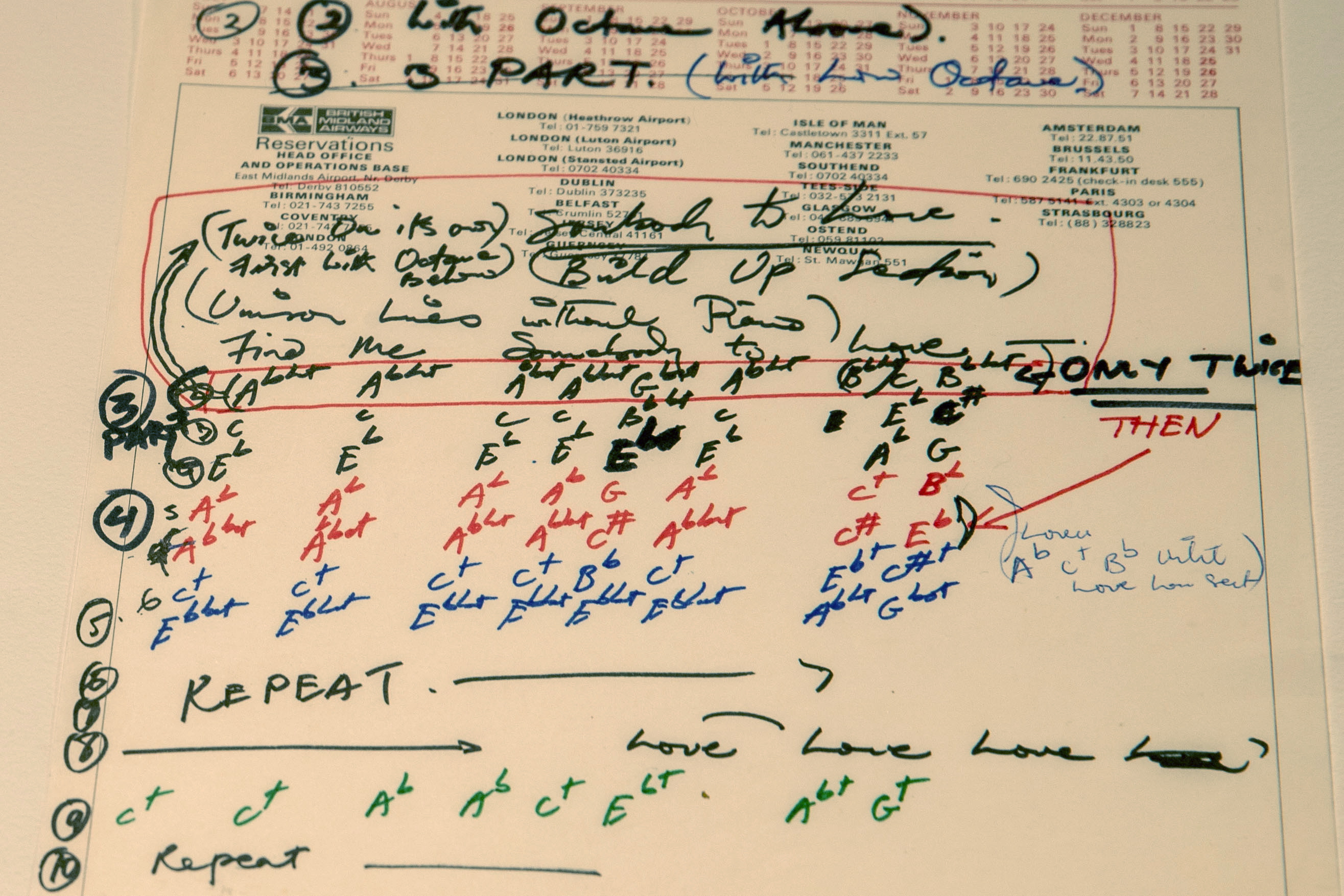 New York (United States), 01/06/2023.- Handwritten working lyrics for 'Somebody to Love' are on display at Sotheby's auction house in New York, New York, USA, 01 June 2023. The 'Freddie Mercury: A World of His Own' exhibition includes some twenty highlights and will travel to Los Angeles, Hong Kong and London. (Estados Unidos, Londres, Nueva York) EFE/EPA/SARAH YENESEL