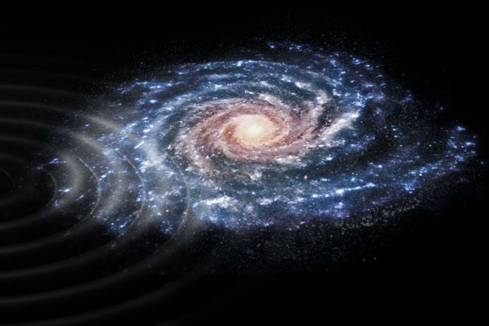 Una representación  gráfica de los efectos en forma de onda que produjo el campo gravitacional de la galaxia Sagitario sobre la galaxia en la que vivimos, la Vía Láctea. / ESA