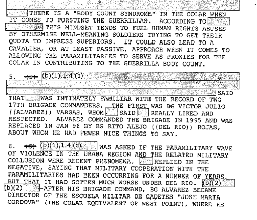 Cable de la CIA que revela "abusos a los derechos humanos" y vínculos del general Rito Alejo del Río con los paramilitares.
