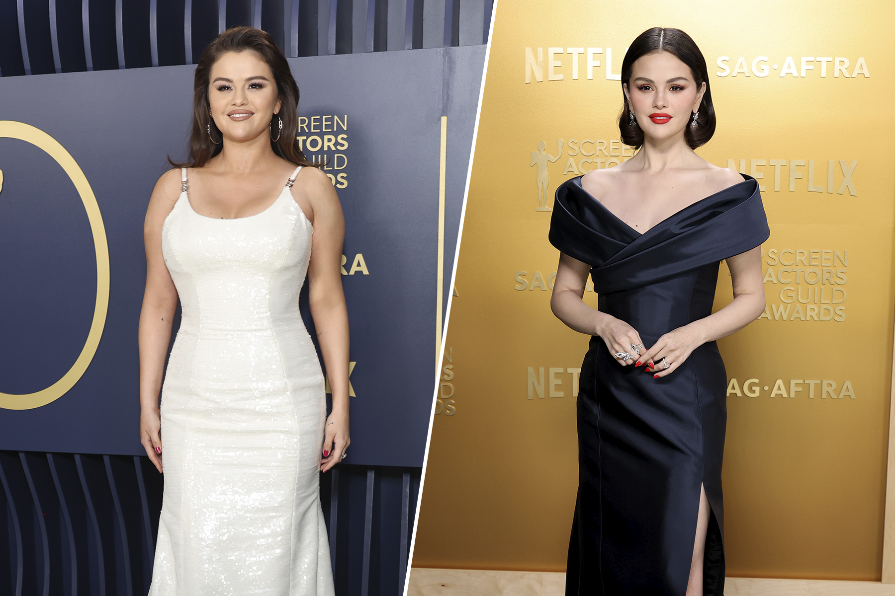 A la izquierda, Selena Gomez en los SAG 2024. A la derecha, en la versión del 2025.