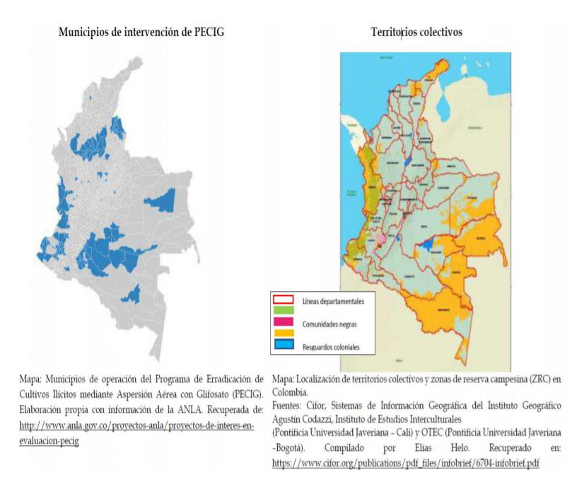 Comparativa de territorios étnicos (derecha) y zonas donde se pretende asperjar con glifosato (izquierda).