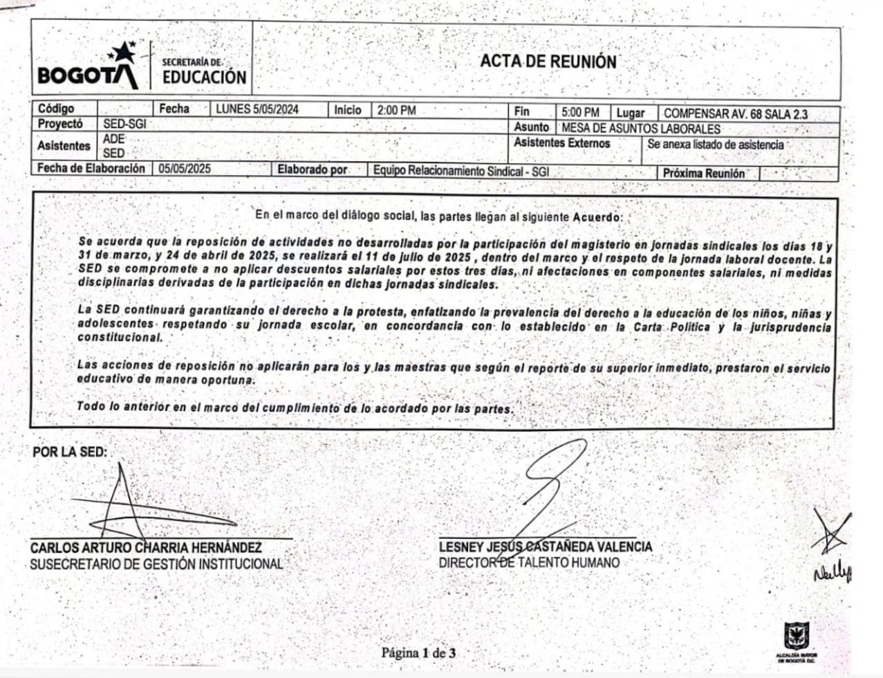 De acuerdo con la ADE, este es el documento del acuerdo firmado entre la ADE y la Secretaría de Educación de Bogotá en mayo.
