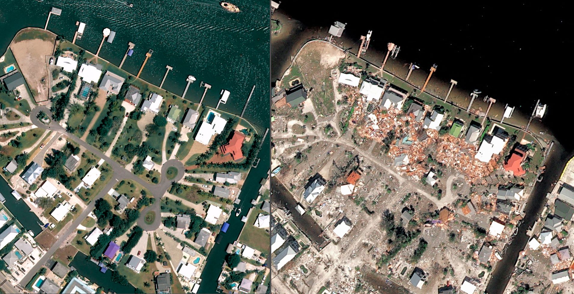 Fort Myers Beach, Florida, antes y después del paso del huracán Ian.