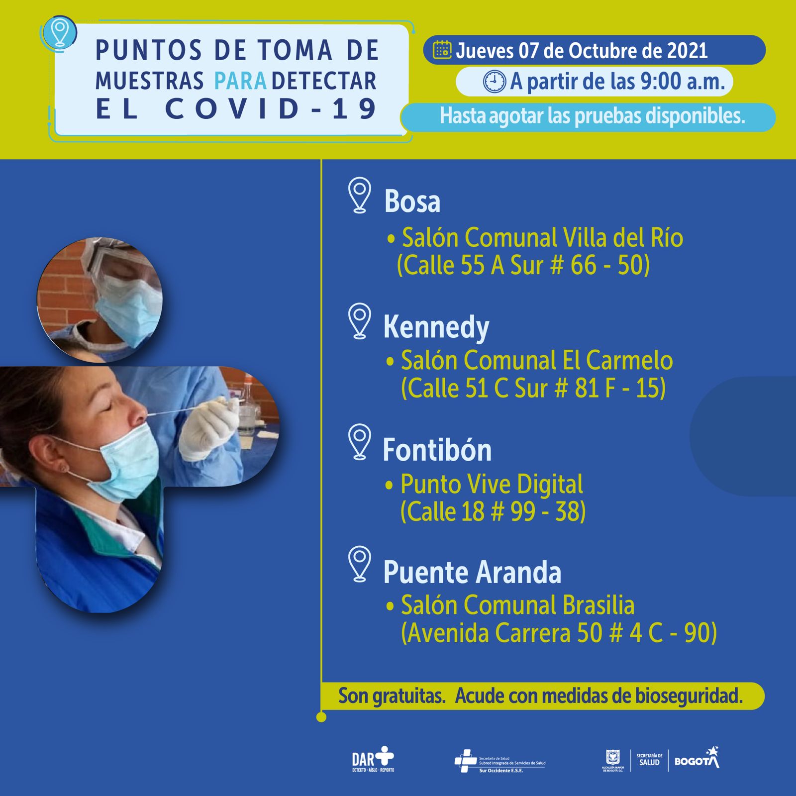 ¿Dónde hay pruebas gratuitas para Covid-19 este jueves en Bogotá?