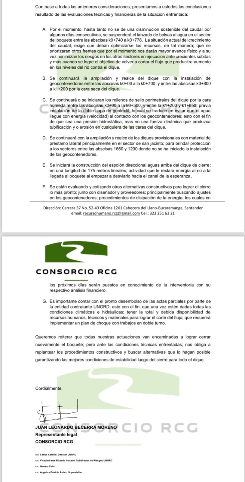 Oficio del contratista por obras en Caregato.