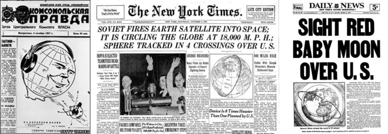 El periódico del partido comunista soviético, Pravda, (izquierda) informa el posicionamiento del Sputnik-1 como una de las mayores hazañas de la humanidad. Los periódicos americanos The New york Times (centro) y Daily News (Derecha) informaban de una forma neutral sobre el hecho.ArchivoDe inmediato el Sputnik-1 se convirtió en el coco de los estadounidenses. Los ciudadanos norteamericanos no solamente comprendieron y se avergonzaron de que el socialismo fuera adelante en la carrera tecnológica y armamentística, sino que se hicieron a la idea de que podían caer bombas en suelo americano en cualquier momento. Nada mejor que el miedo para impulsar a una nación a tomar medidas sobre un asunto, y no hubo un mejor incentivo para destinar mayores recursos y esfuerzos al programa espacial estadounidense. ¡Los rusos no solo querían conquistar el planeta, también querían dominar el espacio! Estados Unidos no lo podía permitir.